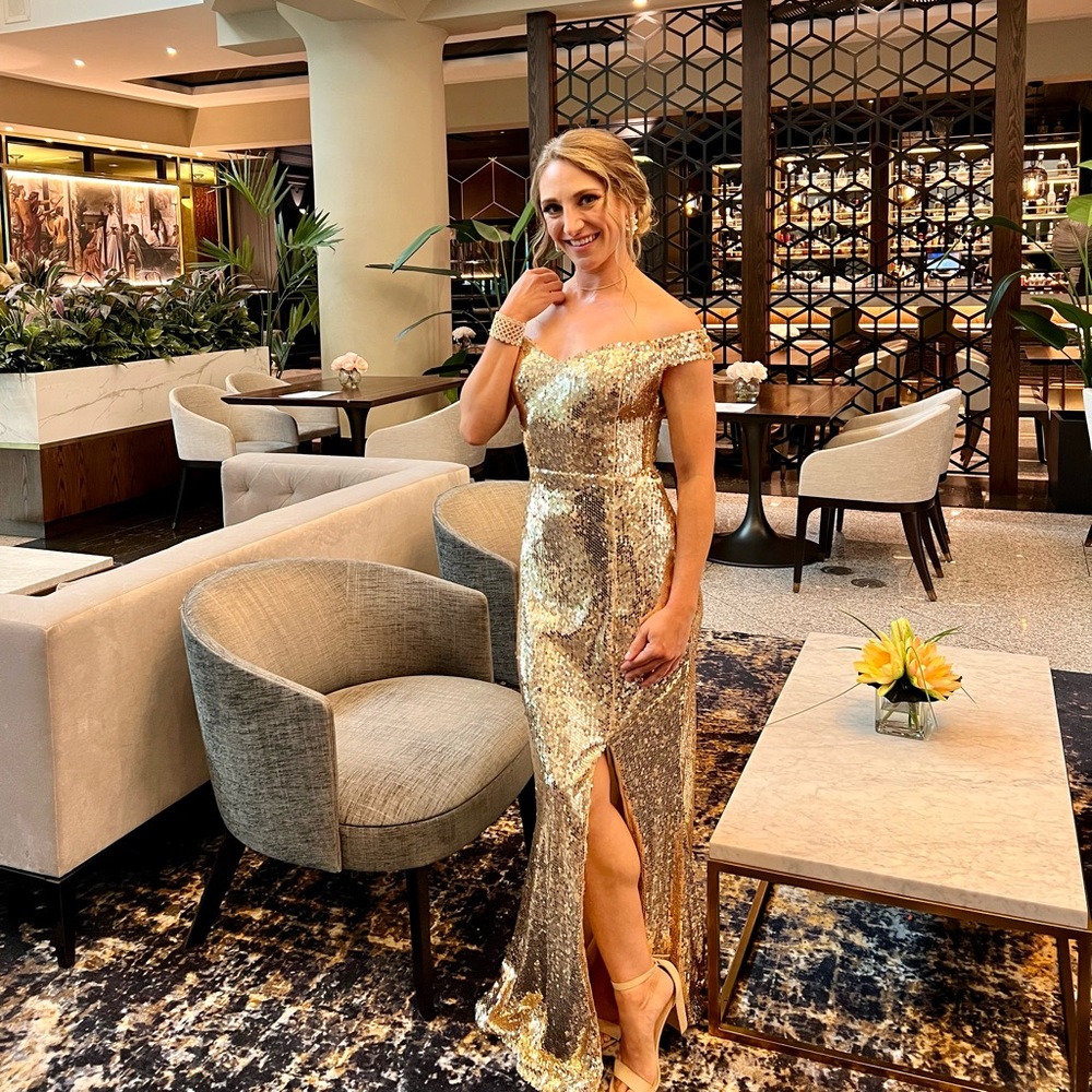 Off Shoulder Gold Sequined Party Cocktail Evening Prom Gown Maxi Long Dress